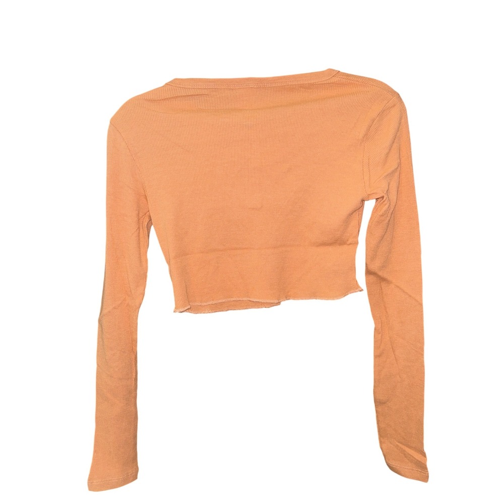 Mono B Womens Crop Top Long Sleeve Ribbed Knit Henley Shirt Peach New Small - Picture 3 of 4